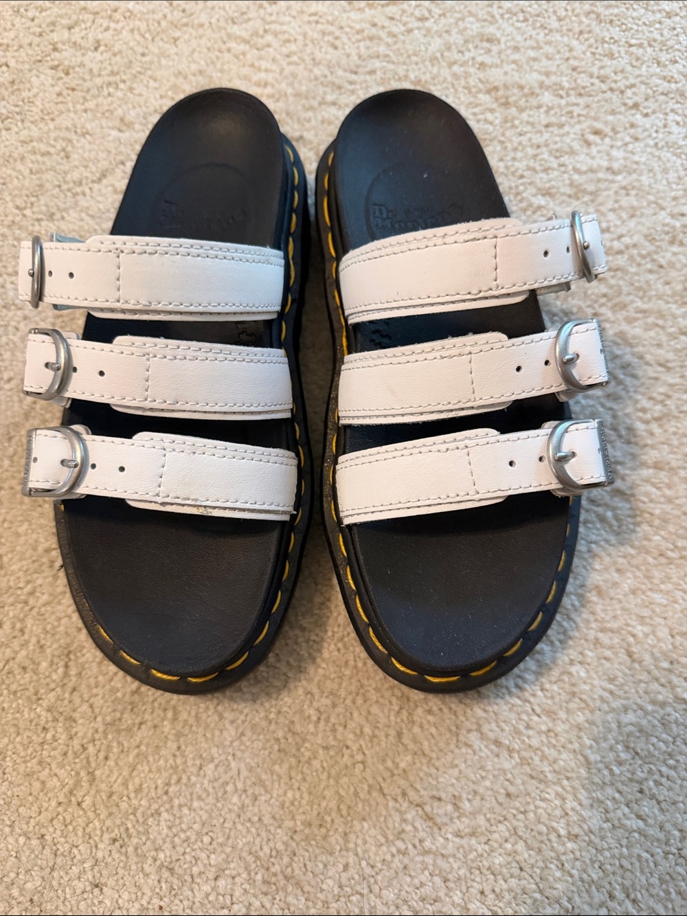 Dr. Martens White Triple-Strap Slide Sandals with Yellow Stitching